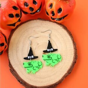 Halloween Black Hat Frog Dangle Earrings
